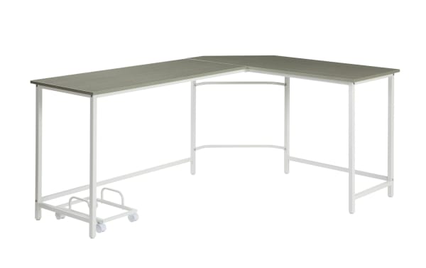 Cora Gray Corner Desk with contemporary white metal frame and gray composite wood panels, designed for spacious home office corner setup.