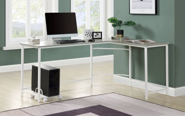 Contemporary Cora Gray Corner Desk with white metal frame and light composite wood top, designed for home office use with spacious L-shape surface.