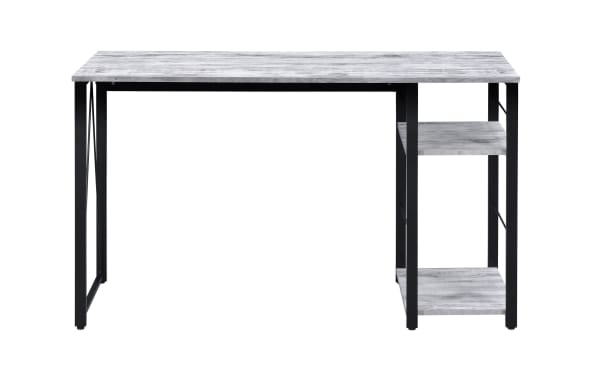Contemporary Arlo White Writing Desk with black metal frame, whitewashed veneer top, and two right-side storage shelves for books or devices.