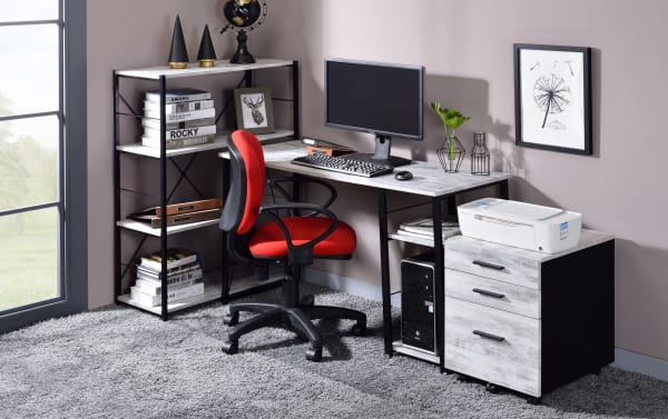 Contemporary Arlo White Writing Desk with metal frame, composite wood panels, large surface, two storage shelves, and black-red ergonomic chair.