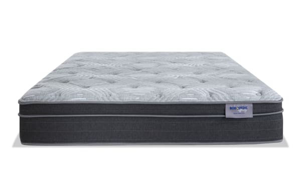 Affinity Hybrid 12'' Twin Plush Mattress with gray quilted knit cover, memory foam upholstery, and dark gray fabric base from Bob-O-Pedic Affinity collection.
