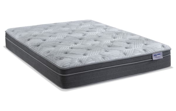 Affinity Hybrid 12'' Twin Plush Mattress with breathable quilted knit cover, gray fabric, memory foam, and individually wrapped coils for plush comfort.