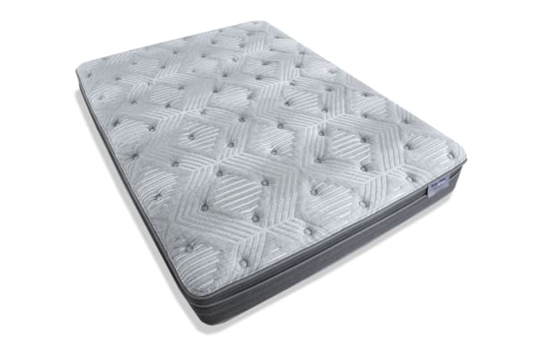 Affinity Hybrid 12'' Full Plush Mattress in gray fabric with quilted knit cover, memory foam upholstery, and tufted geometric pattern from Affinity collection.