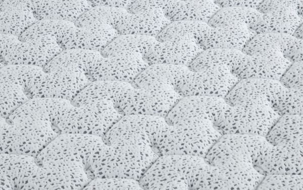 Quilted white fabric surface of Affinity Hybrid 9'' Twin Firm Mattress with breathable knit cover and textured foam pattern for pressure relief and airflow.
