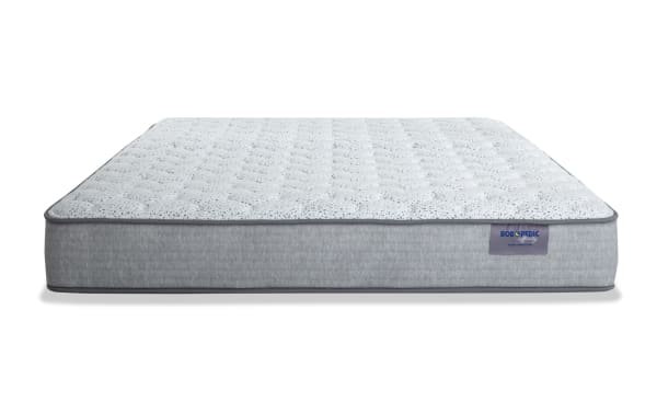 Affinity Hybrid 9'' Full Firm Mattress with quilted knit cover, gray fabric sides, and Bob-O-Pedic memory foam for firm, breathable comfort.