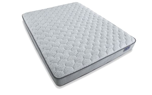 Affinity Hybrid 9'' Full Firm Mattress in gray fabric with quilted knit cover, memory foam, and firm foam layers for pressure relief and airflow.