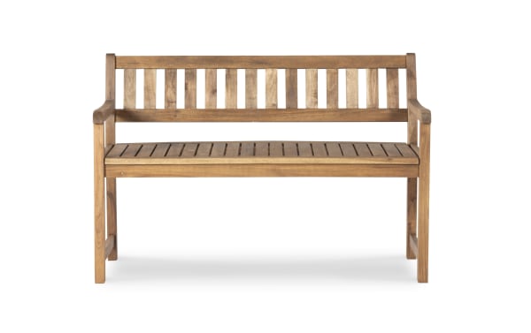 Walton Brown Teak Outdoor Bench from Walton collection, traditional style, solid acacia wood with slatted seat and back, durable porch seating.