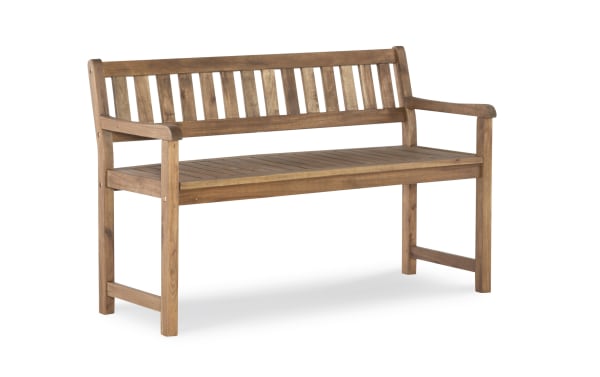 Walton Brown Teak Outdoor Bench from Walton collection, traditional style, solid acacia wood, slatted seat and back, sturdy porch or patio seating.
