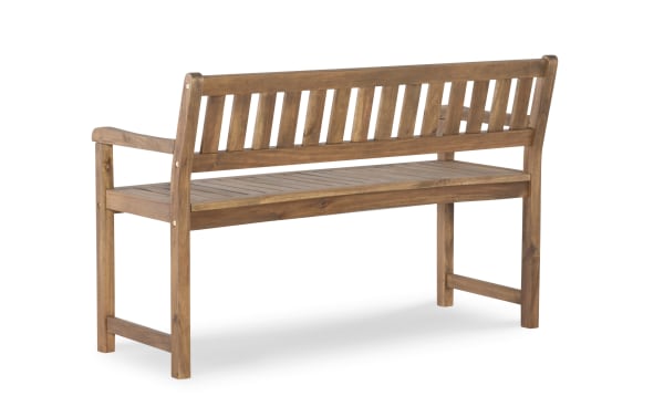 Walton Brown Teak Outdoor Bench from Walton collection, traditional style, solid acacia wood, classic slatted back and seat, durable porch seating.