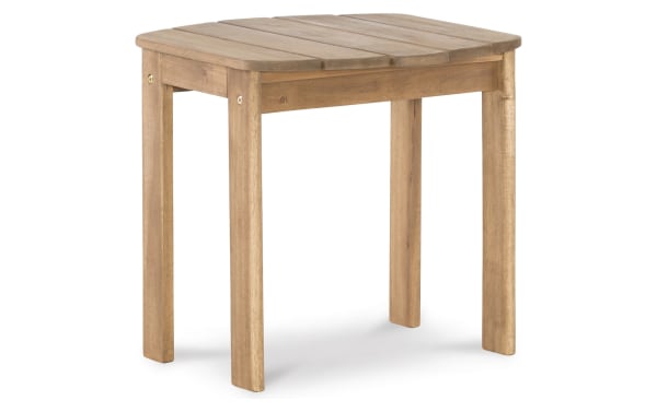 Groveton Brown Outdoor Adirondack End Table in solid acacia wood with traditional style, spacious slatted top, and natural brown finish for outdoor use.