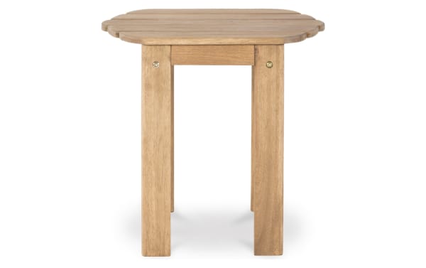 Groveton Brown Outdoor Adirondack End Table in solid acacia wood with traditional style, featuring a scalloped rectangular top and sturdy legs.