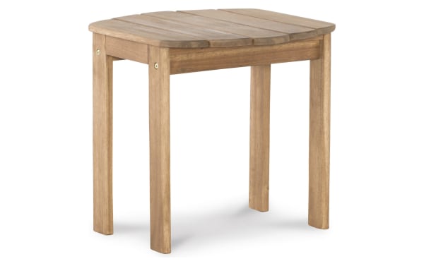 Groveton Brown Outdoor Adirondack End Table in traditional style, made of solid acacia wood with a brown finish, featuring a slatted square top and sturdy legs, ideal for outdoor use alongside chairs and loungers.