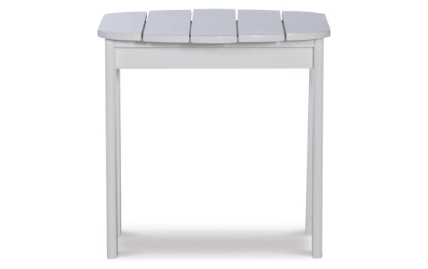 Groveton White Outdoor Adirondack End Table in solid acacia wood with traditional style, slatted top, and white finish for outdoor use.