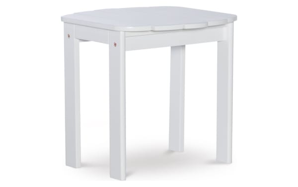 Groveton White Outdoor Adirondack End Table in solid acacia wood with traditional style, square top, and sturdy legs for outdoor use.