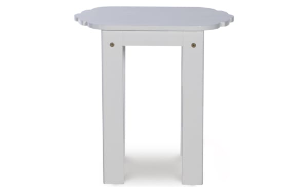 Groveton White Outdoor Adirondack End Table in solid acacia wood with traditional style, scalloped edges, and spacious top for outdoor use.