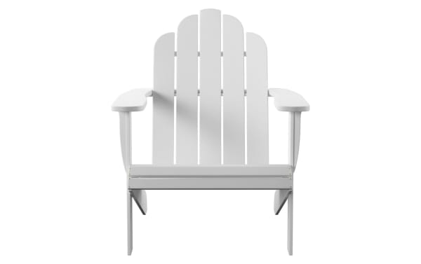 Groveton White Adirondack Chair in solid acacia wood with traditional style, high back, and wide armrests for outdoor comfort and durability.