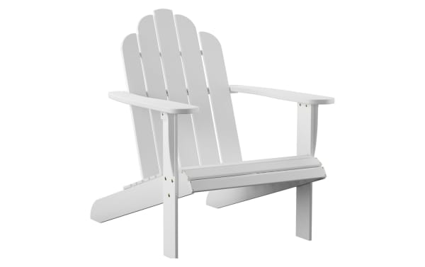 Groveton White Adirondack Chair in solid acacia wood, traditional style with high back and wide armrests for outdoor comfort and durability.