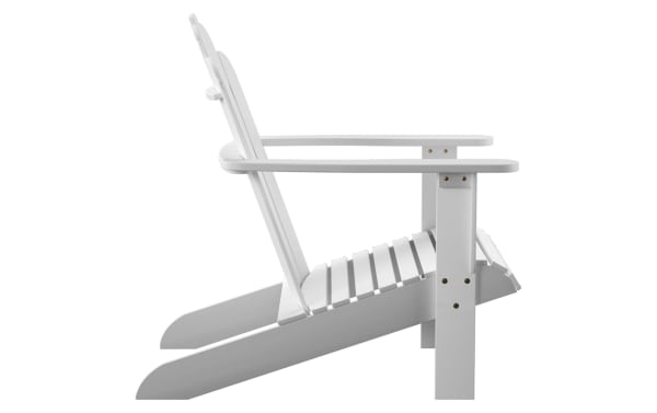 Groveton White Adirondack Chair in traditional style, made of solid acacia wood with high back and wide armrests for outdoor comfort.