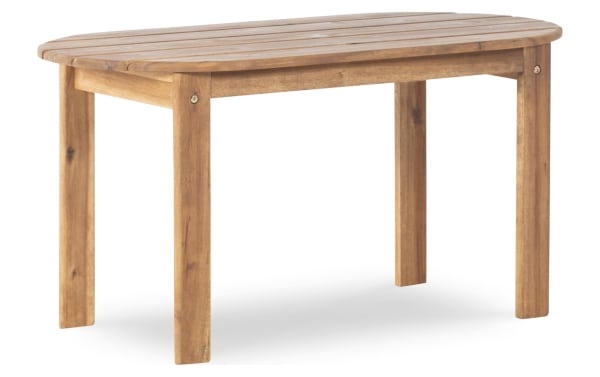 Groveton Brown Outdoor Adirondack Coffee Table in solid acacia wood with traditional style, spacious slatted top, and durable brown finish.