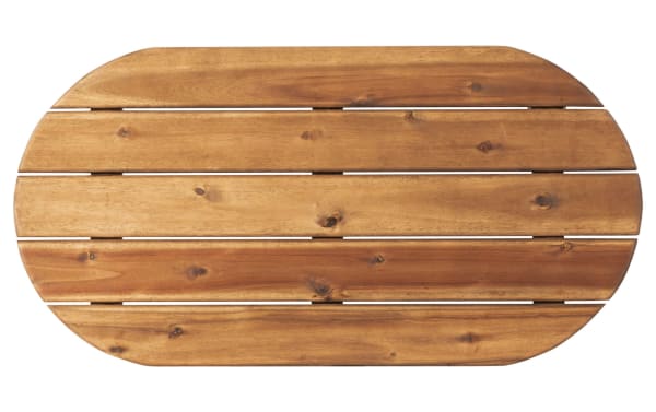 Groveton Brown Outdoor Adirondack Coffee Table with solid acacia wood, traditional style, spacious slatted oval top, and warm brown finish.