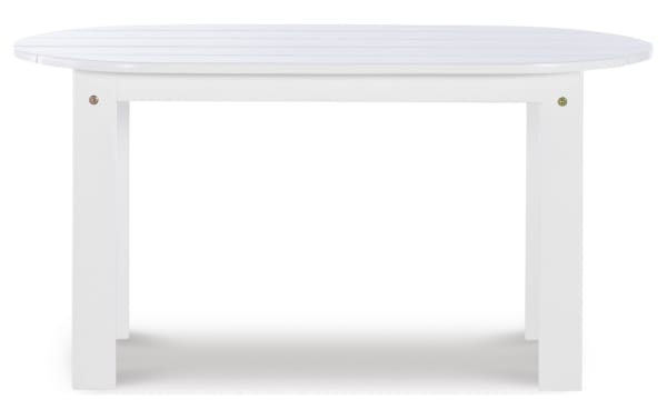 Groveton White Outdoor Adirondack Coffee Table in solid acacia wood with traditional style, featuring a spacious slatted oval top and sturdy square legs.