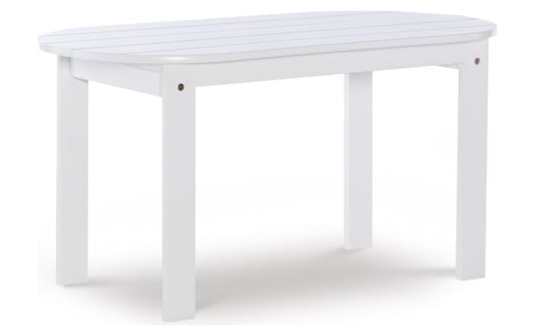 Groveton White Outdoor Adirondack Coffee Table in solid acacia wood with a spacious slatted oval top and sturdy traditional design for outdoor use.