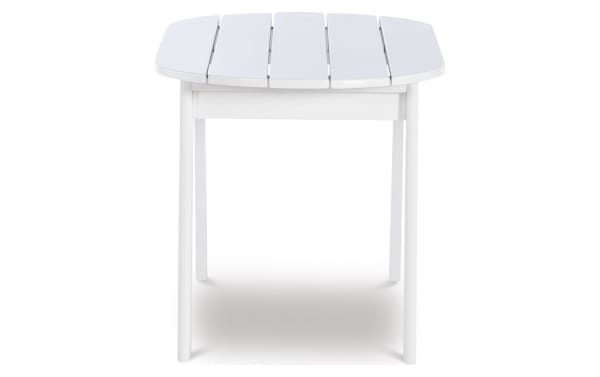 Groveton White Outdoor Adirondack Coffee Table in solid acacia wood with traditional style, featuring a slatted rectangular top and sturdy legs.