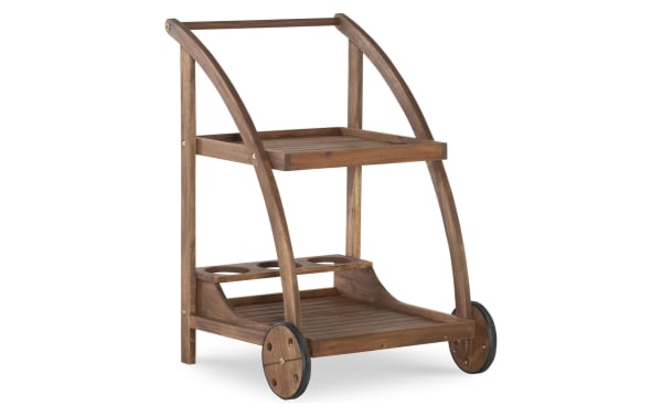 Walton Brown Outdoor Bar Cart in traditional style, solid acacia wood with acorn finish, two-tier storage, and large front wheels for easy mobility.