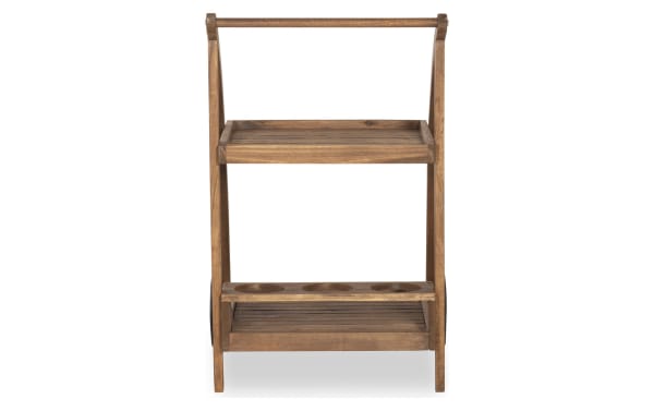 Walton Brown Outdoor Bar Cart in Acorn solid Acacia wood, traditional style with two storage shelves and large front wheels for easy mobility.