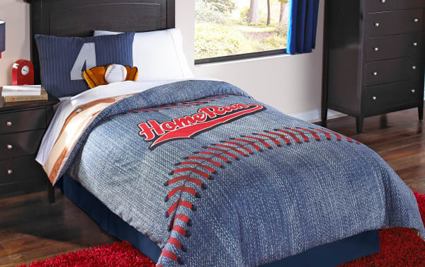 Home Run Twin Blue Novelty Reversible 5 Piece Comforter Set in blue polyester fabric, featuring baseball stitching and themed pillows.