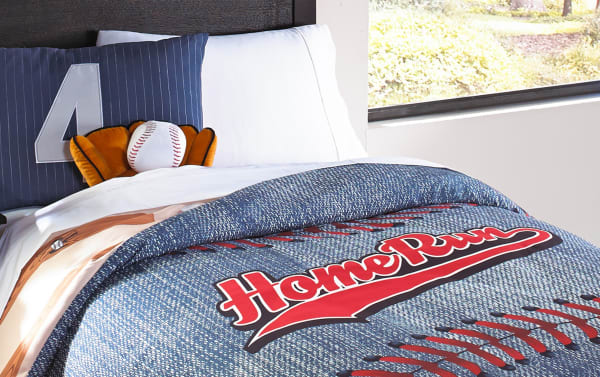 Home Run Twin Blue Novelty Reversible 5 Piece Comforter Set in blue polyester fabric with baseball-themed design, glove and baseball pillows, and pinstriped sham.