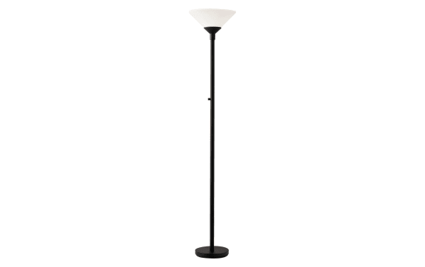 Netti 73'' Black Floor Lamp with matte black steel pole and base, frosted tapered glass shade, contemporary style, dual 150W sockets, high/low rotary switch, and black cord.