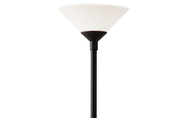 Netti 73'' Black Floor Lamp with matte black steel pole and tapered frosted glass shade, contemporary style, high/low rotary switch, and double socket design.