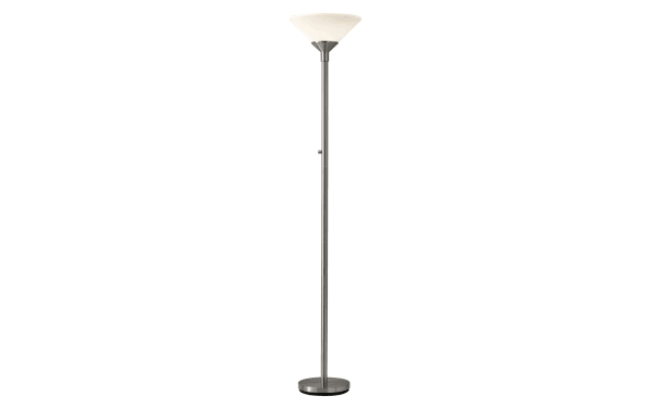 Netti 73'' Brushed Steel Floor Lamp with mid-century modern design, steel base, frosted glass shade, dual 150W sockets, and high/low rotary switch.