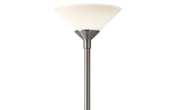 Netti 73'' Mid-Century Modern floor lamp with brushed steel pole and frosted glass tapered shade, dual 150W sockets, high/low rotary switch.