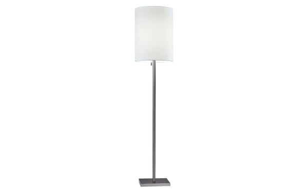 Calion 60.5'' Mid-Century Modern floor lamp with brushed steel pole, white textured fabric cylinder shade, square metal base, and pull chain switch.