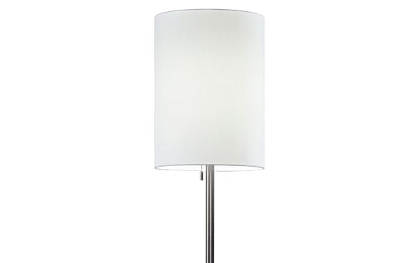 Calion 60.5'' mid-century modern floor lamp with brushed steel pole, white textured fabric cylindrical shade, pull chain switch, and square metal base.