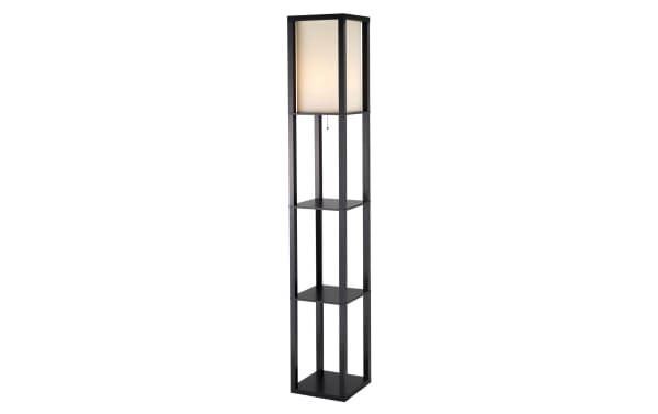Alcona 72" black rubberwood floor lamp with beige fabric shade, open box frame, two shelves, pull-chain switch, and smart outlet compatible.