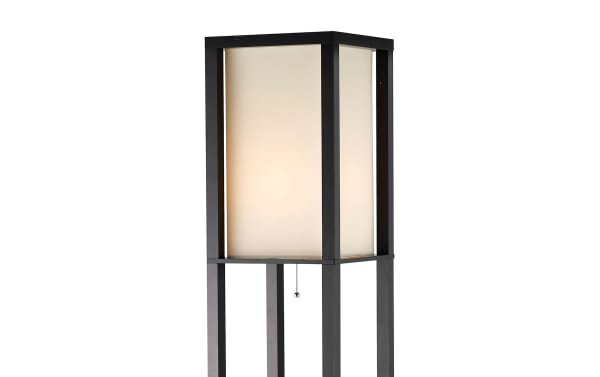 Alcona 72" black rubberwood floor lamp with beige fabric shade, pull-chain switch, open box frame, and clear cord, contemporary style.