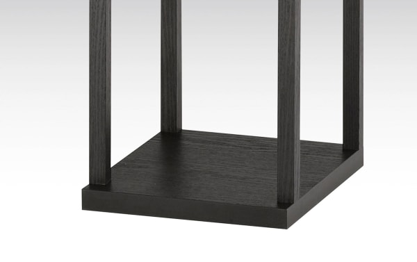 Black MDF veneer base and open box frame of the Alcona 72'' Black Floor Lamp, showcasing contemporary rubberwood construction with two shelves for display and storage.