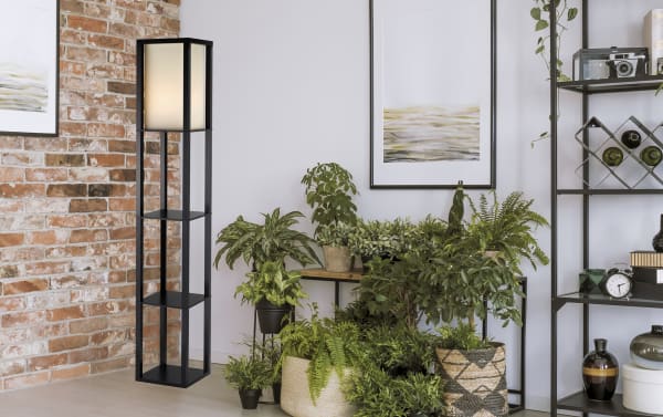 Alcona 72'' black rubberwood floor lamp with beige fabric square shade, open box frame with two shelves, pull-chain switch, and clear cord.