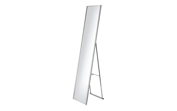 Bethany Brushed Steel Floor Mirror with mid-century modern style, powder-coated champagne steel frame, beveled glass, and foldable 2” depth for storage.