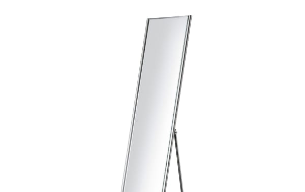 Bethany Brushed Steel Floor Mirror with mid-century modern style, powder-coated champagne steel frame, quarter-inch bevel, and foldable design for compact storage.