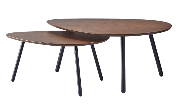Bellaby Walnut Nesting Coffee Table set of 2 with guitar pick-shaped walnut veneer tops and matte black steel legs, cottage style rubberwood solids.