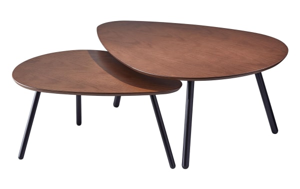 Bellaby Walnut Nesting Coffee Table set of 2 with guitar pick-shaped walnut veneer tops, matte black steel legs, cottage style rubberwood solids.