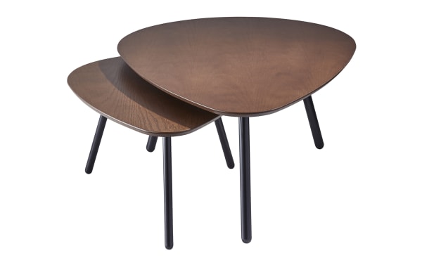 Bellaby Walnut Nesting Coffee Table set of 2 with guitar pick-shaped walnut veneer tops and matte black steel legs, cottage style rubberwood solids.