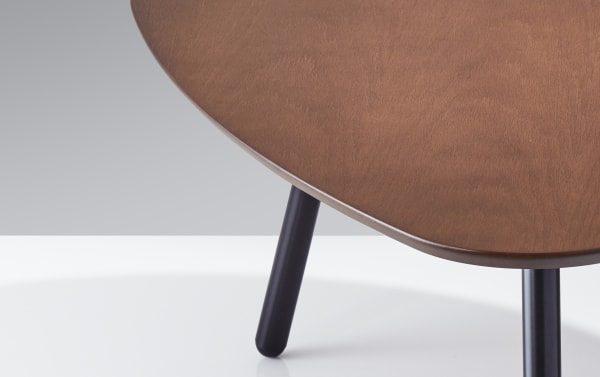 Bellaby Walnut Nesting Coffee Table with guitar pick-shaped walnut veneer tops and matte black steel legs, cottage style rubberwood set.