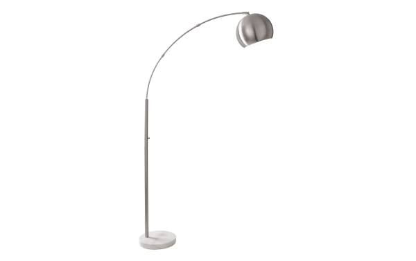 Eanora 78'' Mid-Century Modern brushed steel arc floor lamp with white marble base, rotary dimmer, clear cord, and overhead lighting design.