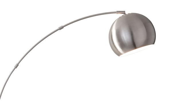 Eanora 78'' Mid-Century Modern brushed steel arc floor lamp with a curved arm and dome-shaped shade, featuring a marble base and rotary dimmer switch.