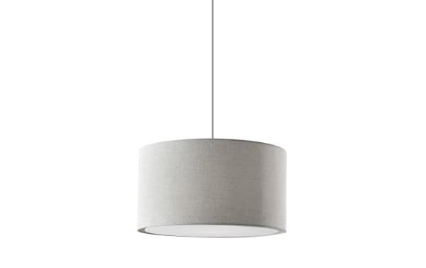 Stracelen Gray Large Drum Pendant light in silver with a mid-century modern steel frame and cotton fabric shade, featuring a white fabric diffuser for ambient lighting.